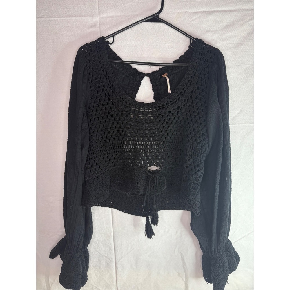 Free People Black Crochet Knit Long Sleeve Open Back Tie Crop Top Women's M - Picture 4 of 10